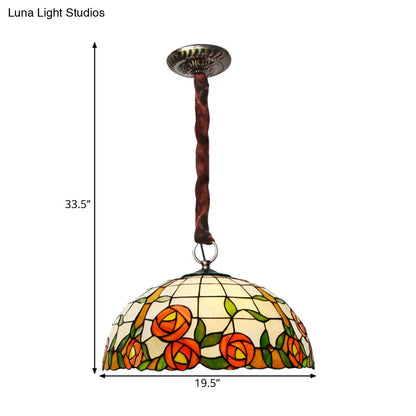 Victorian Stained Glass Chandelier with Rose Pattern - 5 Lights, Bronze Finish