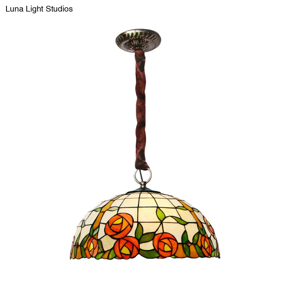 Victorian Stained Glass Chandelier with Rose Pattern - 5 Lights, Bronze Finish