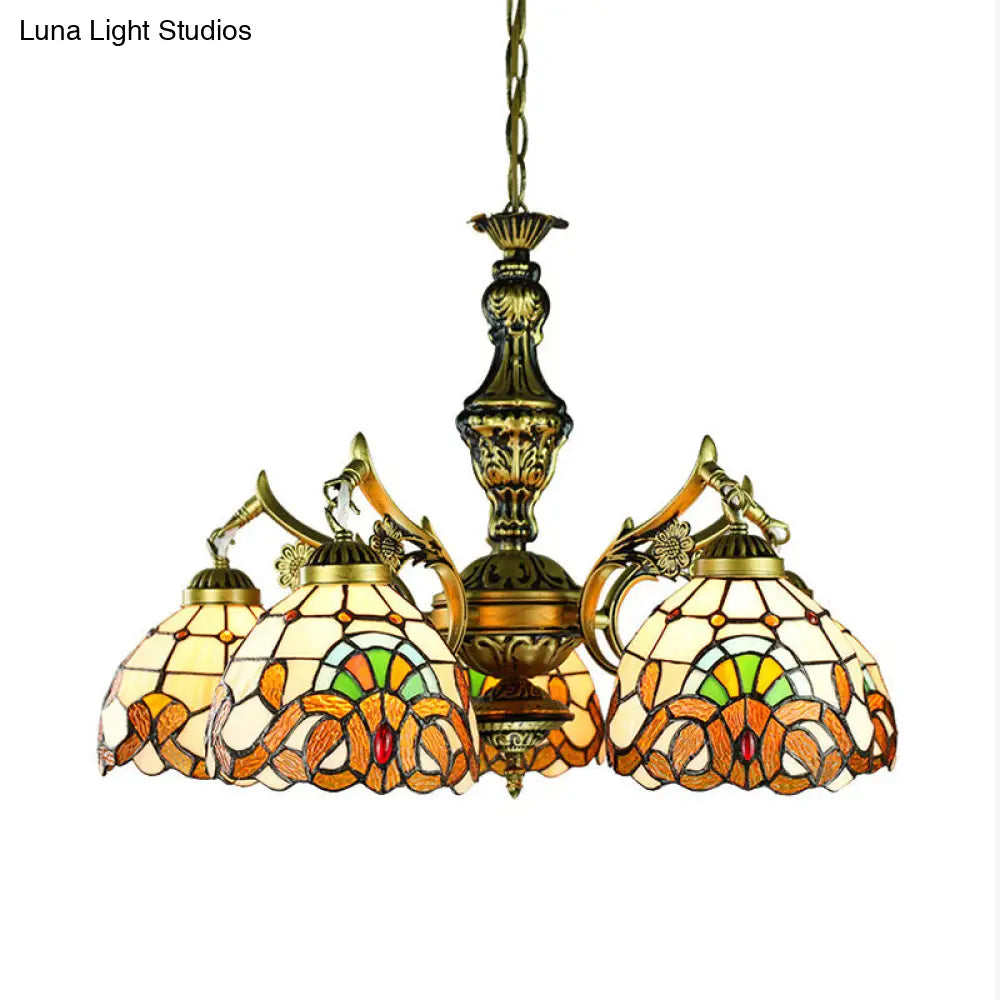 Victorian Stained Glass Dome Chandelier - 5-Light Indoor Lighting for Dining Table
