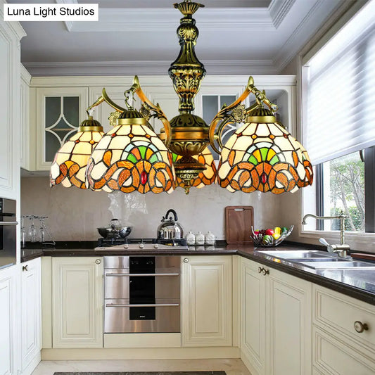 Victorian Stained Glass Dome Chandelier - 5-Light Indoor Lighting for Dining Table
