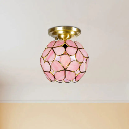 Victorian Stained Glass Flower Ceiling Light in White/Pink/Orange Semi-Mount