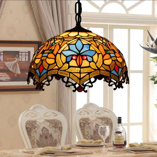 Victorian Stained Glass Hanging Light Pendant Lamp with Black Chain for Staircase