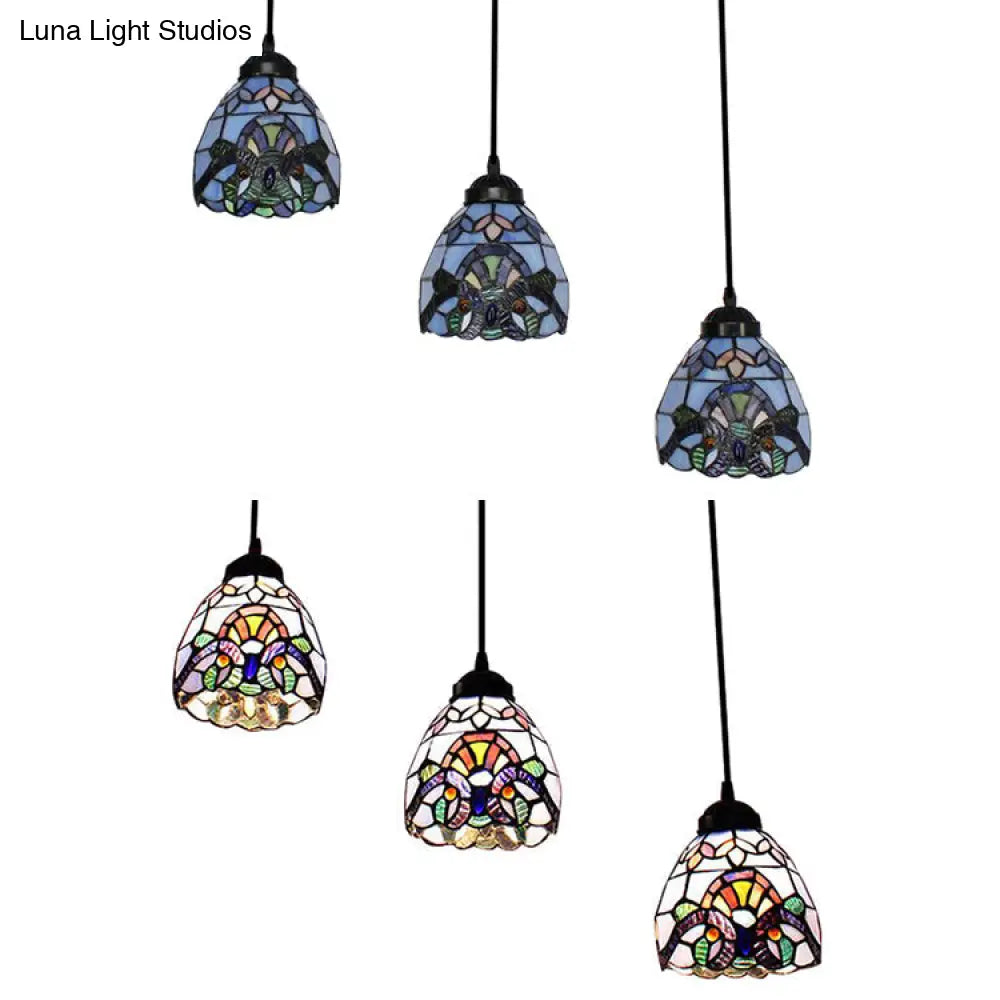 Victorian Stained Glass Hanging Pendant with Domed Design - White, 3 Lights - Ideal for Dining Room