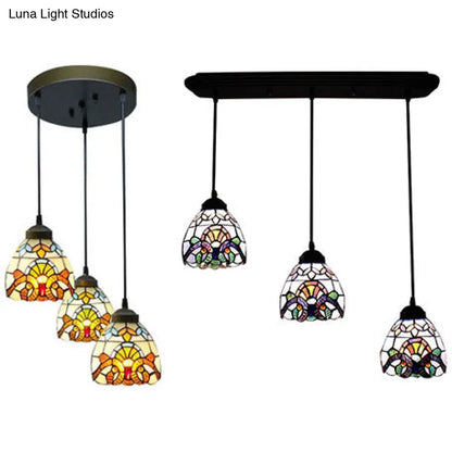 Victorian Stained Glass Hanging Pendant with Domed Design - White, 3 Lights - Ideal for Dining Room