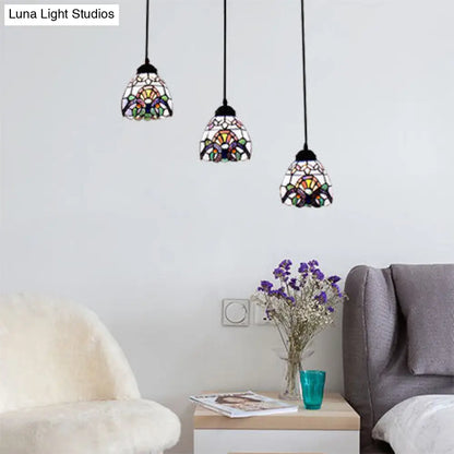 Victorian Stained Glass Hanging Pendant with Domed Design - White, 3 Lights - Ideal for Dining Room