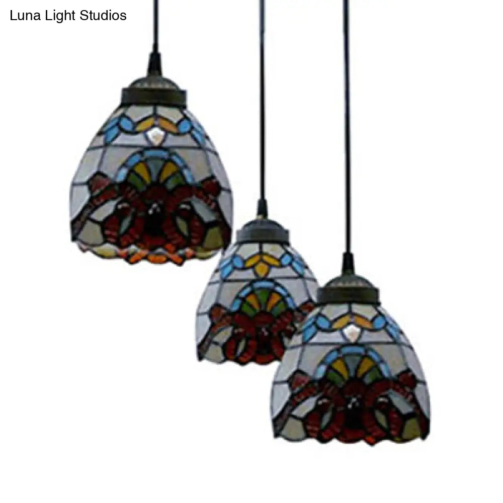 Victorian Stained Glass Hanging Pendant with Domed Design - White, 3 Lights - Ideal for Dining Room