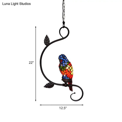 Victorian Stained Glass Parrot Pendant Light Kit - 1-Light Yellow/Blue Ceiling Suspension Lamp with Curvy Arm