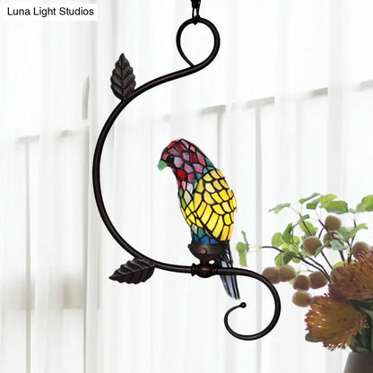 Victorian Stained Glass Parrot Pendant Light Kit - 1-Light Yellow/Blue Ceiling Suspension Lamp with Curvy Arm