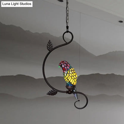 Victorian Stained Glass Parrot Pendant Light Kit - 1-Light Yellow/Blue Ceiling Suspension Lamp with Curvy Arm