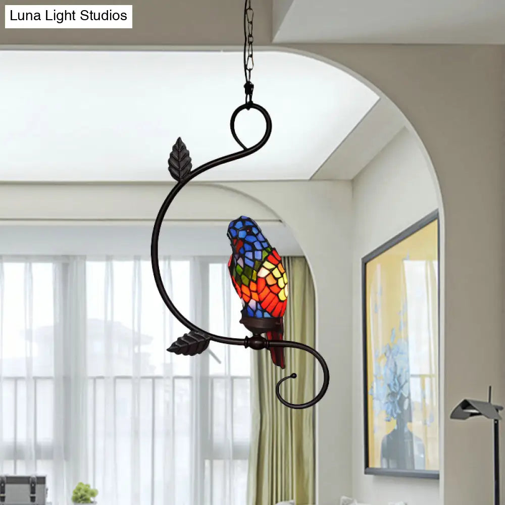 Victorian Stained Glass Parrot Pendant Light Kit - 1-Light Yellow/Blue Ceiling Suspension Lamp with Curvy Arm