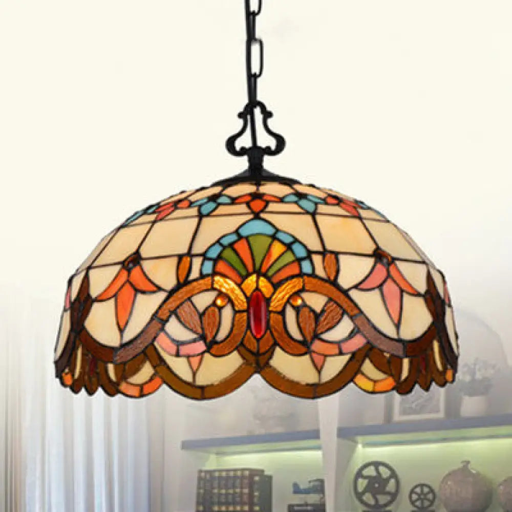 Victorian Stained Glass Pendant Light with Domed Design and Hanging Chain - Single Pendant Lighting