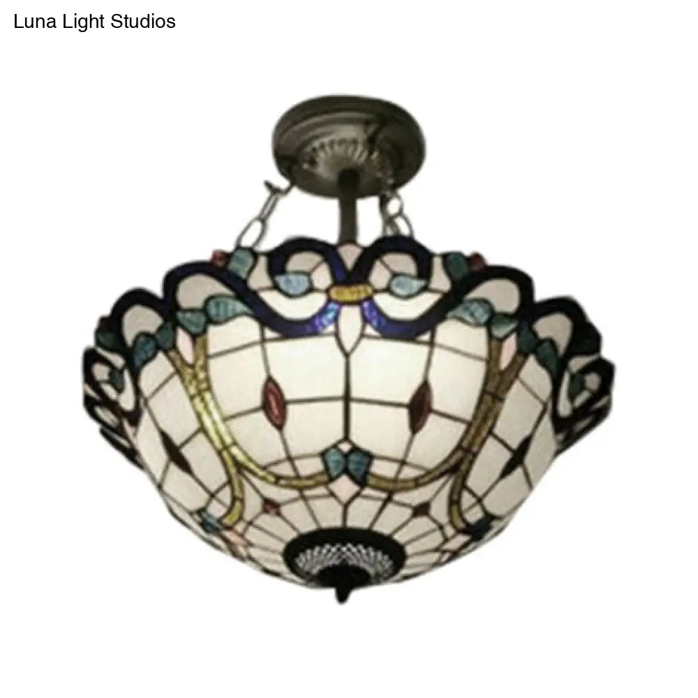 Victorian Stained Glass Semi Flush Mount Light for Living Room