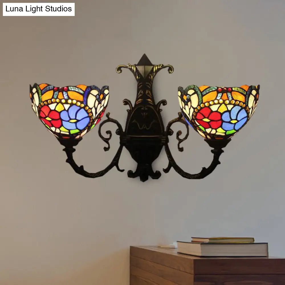 Victorian Stained Glass Wall Sconce – Antique Bronze, 2-Light Bedroom Lighting
