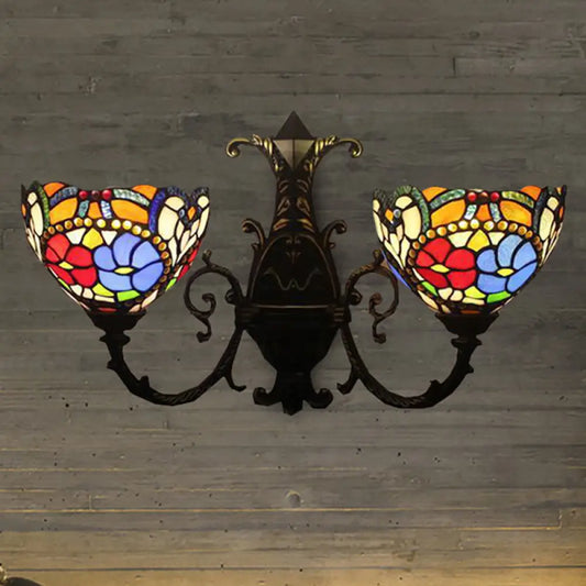 Victorian Stained Glass Wall Sconce – Antique Bronze, 2-Light Bedroom Lighting