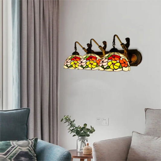 Victorian Stained Glass Wall Sconce Light Fixture - 3-Head Brass Bowl Design for Living Room