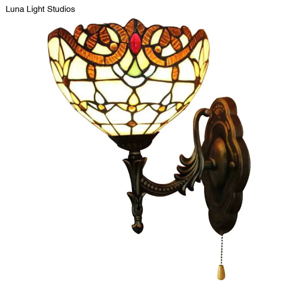 Victorian Stained Glass Wall Sconce Light with Pull Chain - Perfect for Bedroom Lighting