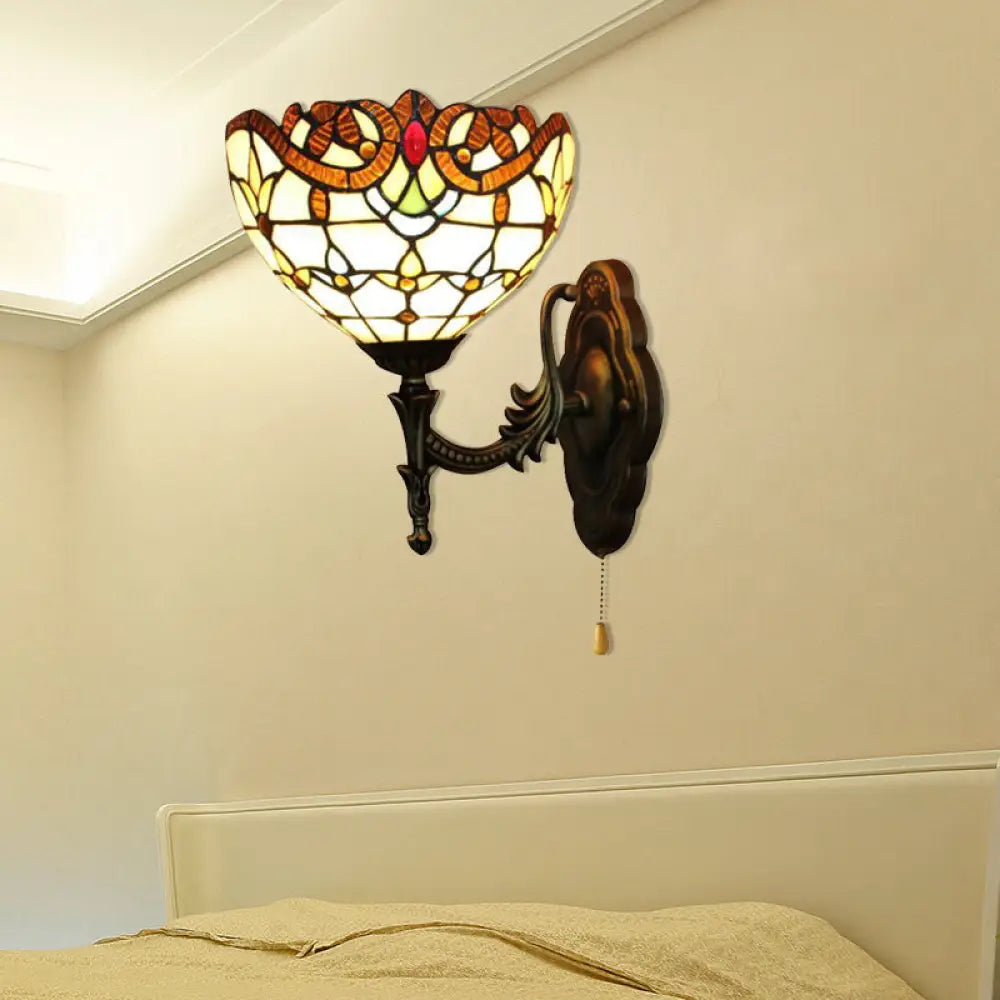 Victorian Stained Glass Wall Sconce Light with Pull Chain - Perfect for Bedroom Lighting