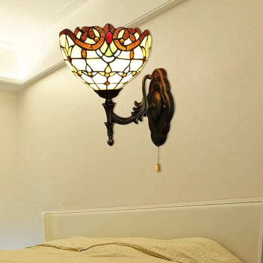 Victorian Stained Glass Wall Sconce Light with Pull Chain - Perfect for Bedroom Lighting