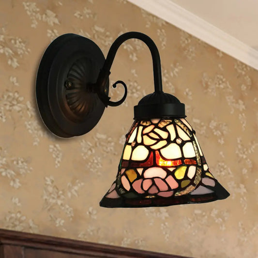 Victorian Stained Glass Wall Sconce with Flared Head and Rose Pattern