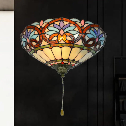 Victorian Stained Glass Wall Sconce with Pull Chain – Perfect for Living Room