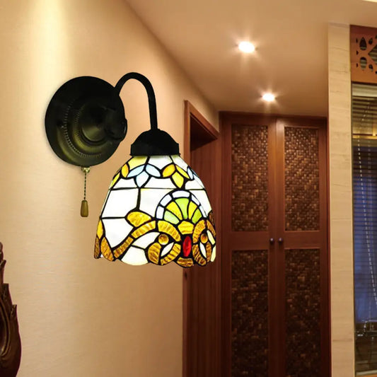 Victorian Stained Glass Yellow Dome Wall Sconce with Pull Chain - Perfect for Hallways