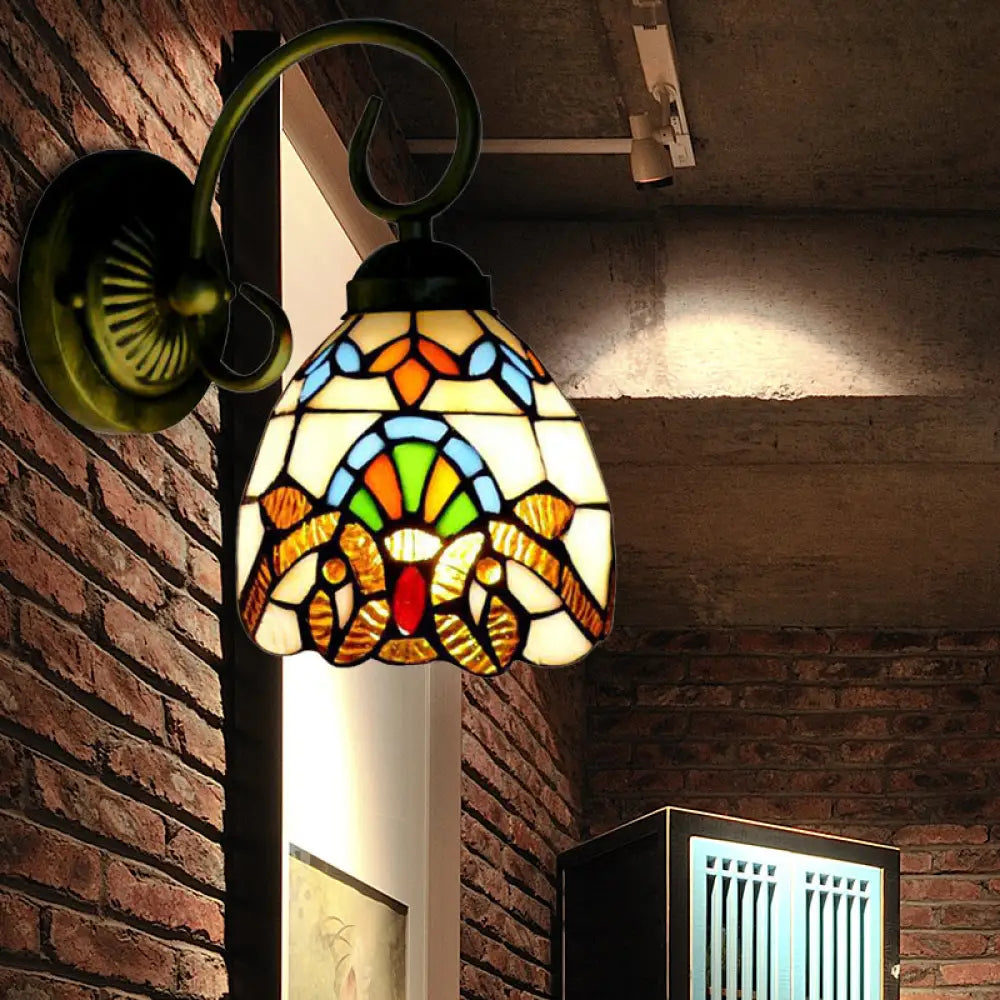 Victorian Style Dome Wall Sconce with Blue/Brown Glass Shade & Brass Finish
