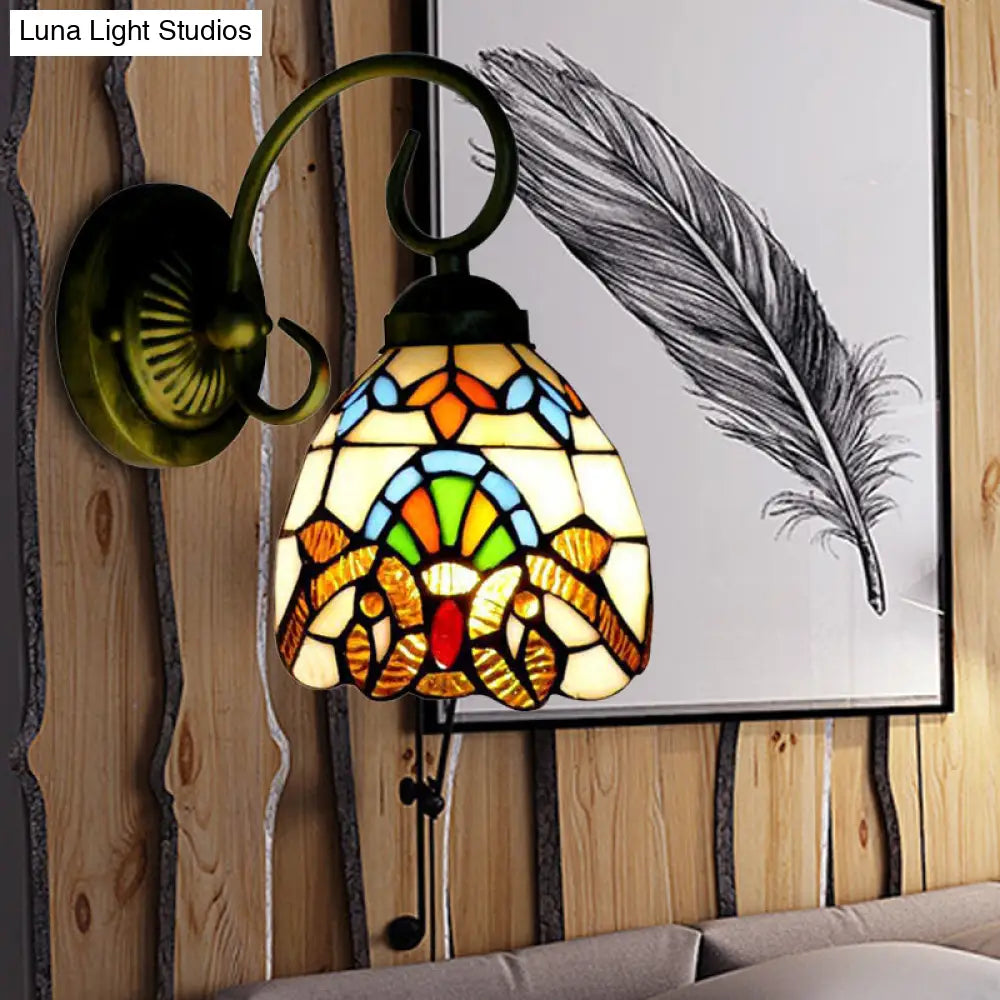 Victorian Style Dome Wall Sconce with Blue/Brown Glass Shade & Brass Finish