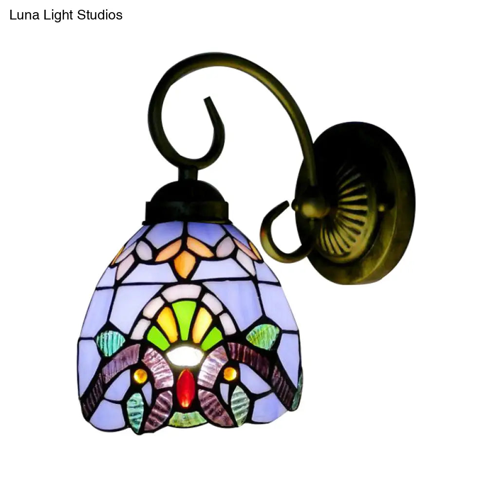 Victorian Style Dome Wall Sconce with Blue/Brown Glass Shade & Brass Finish