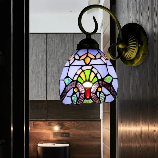 Victorian Style Dome Wall Sconce with Blue/Brown Glass Shade & Brass Finish