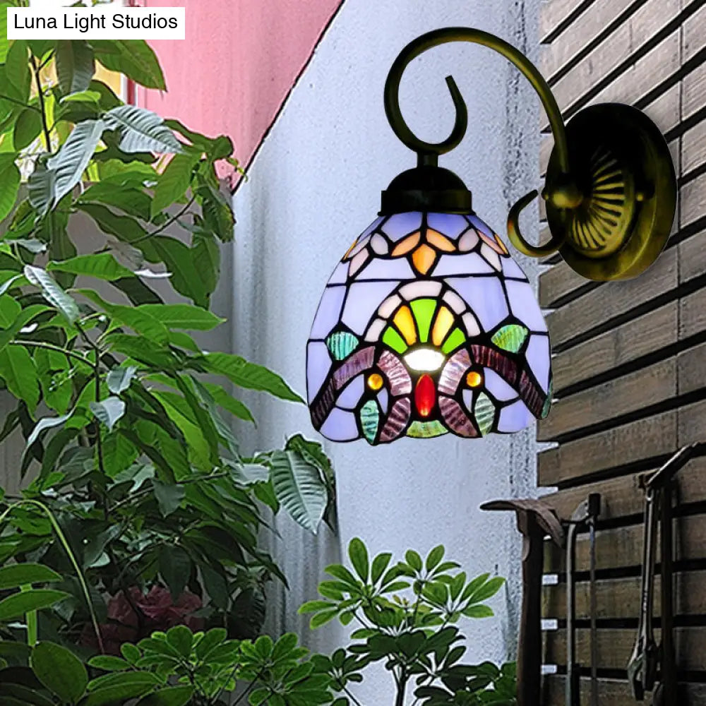 Victorian Style Dome Wall Sconce with Blue/Brown Glass Shade & Brass Finish