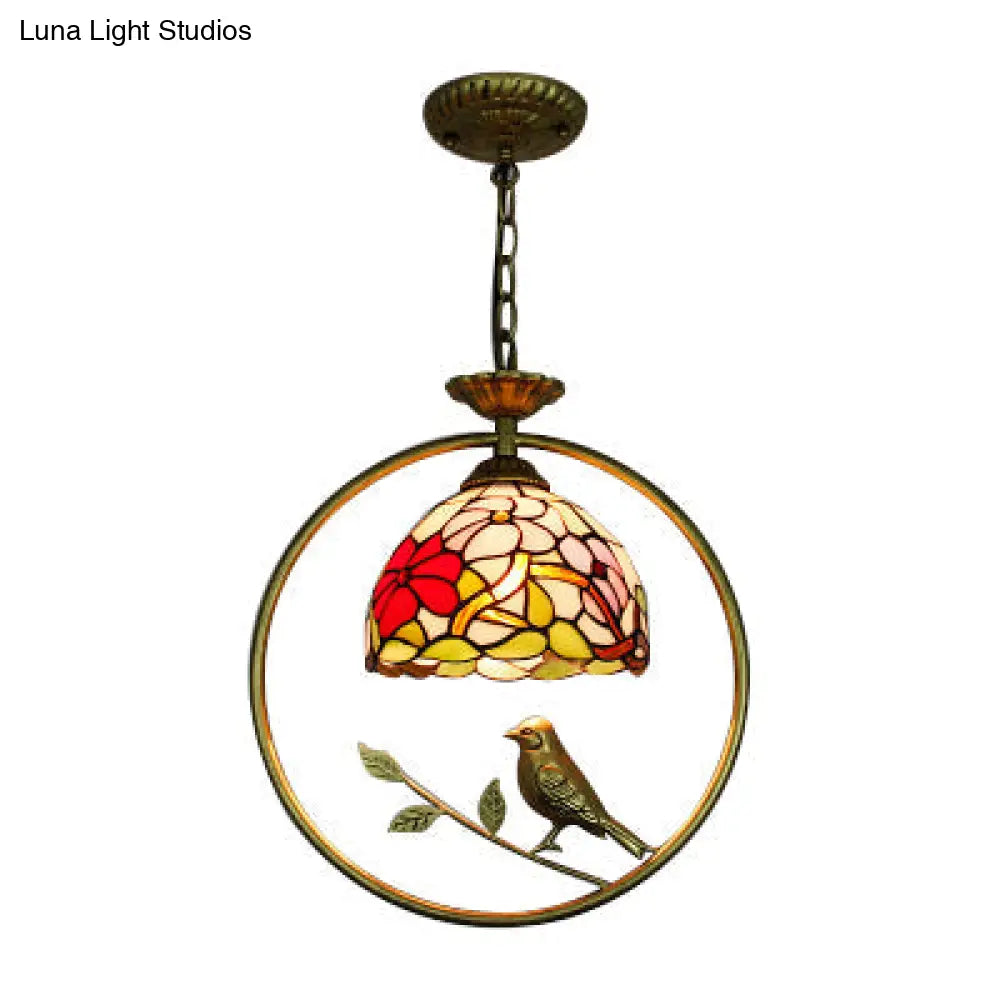 Victorian Style Domed Pendant Ceiling Light with Stainless Glass, Brass Ring, and Bird Accent