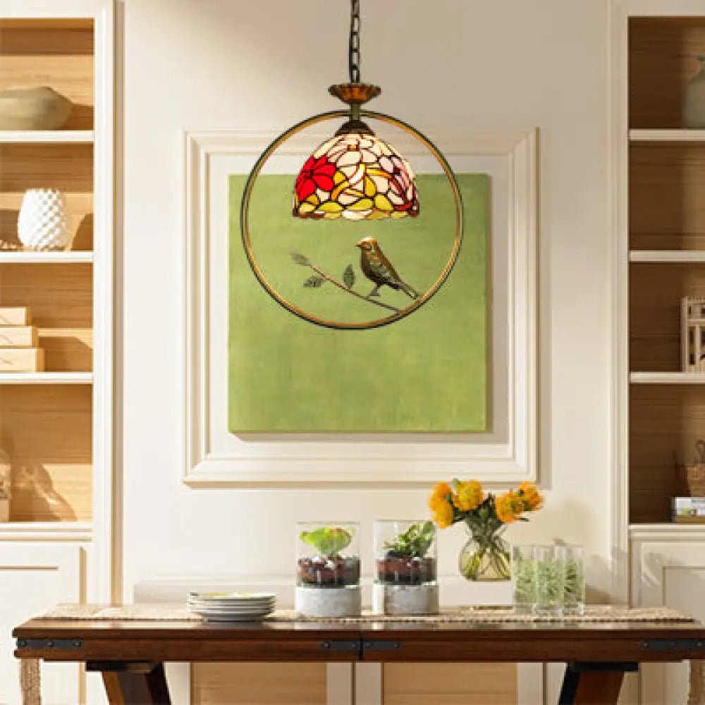 Victorian Style Domed Pendant Ceiling Light with Stainless Glass, Brass Ring, and Bird Accent