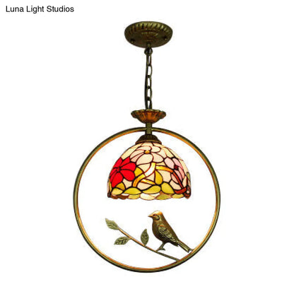 Victorian Style Domed Pendant Ceiling Light with Stainless Glass, Brass Ring, and Bird Accent