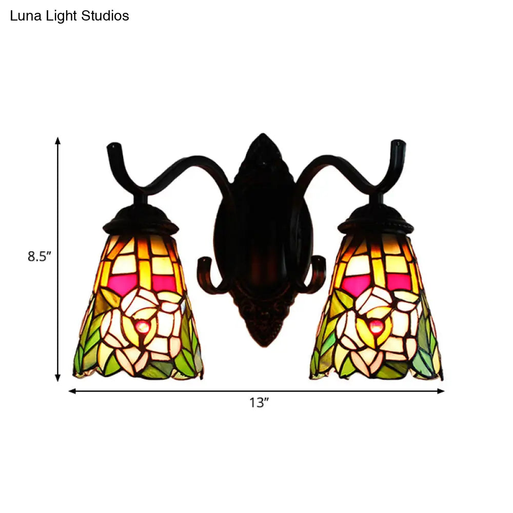 Victorian Style Floral Wall Mount Sconce Light Fixture with Stained Glass, 2 Heads - Black