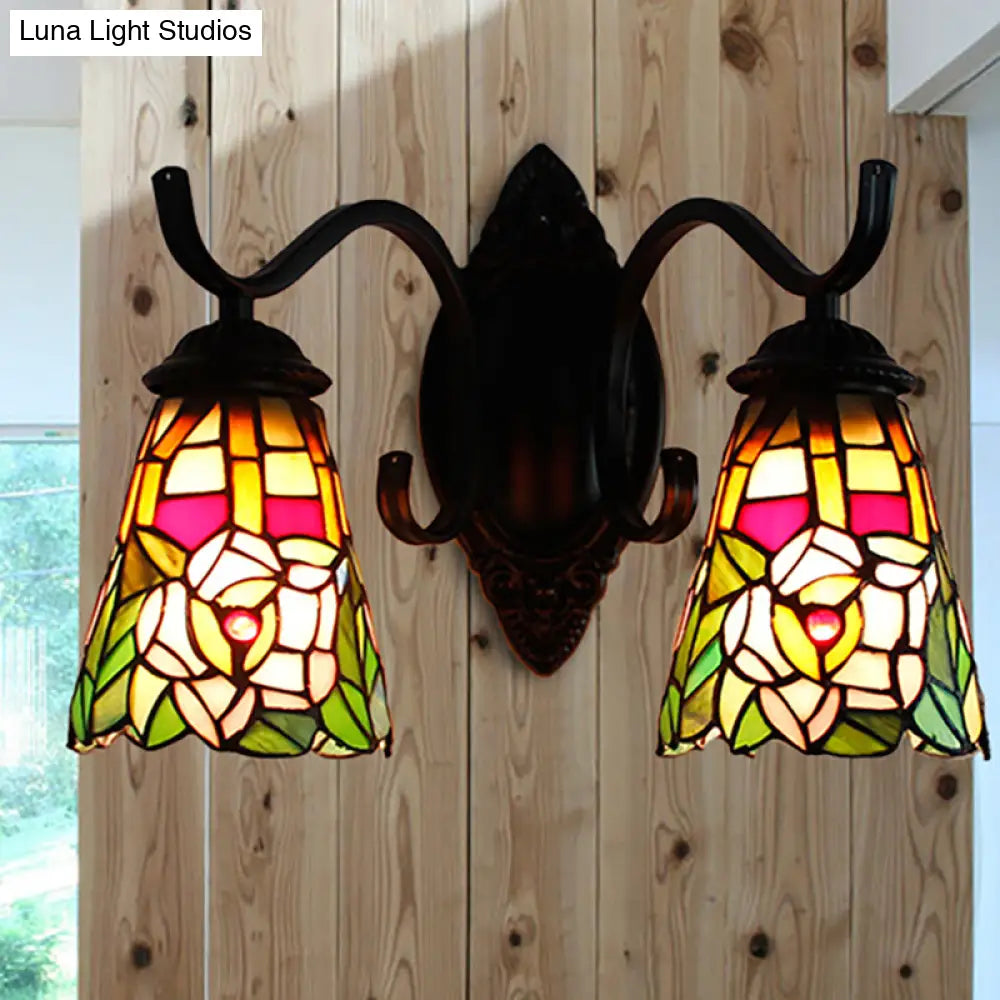 Victorian Style Floral Wall Mount Sconce Light Fixture with Stained Glass, 2 Heads - Black