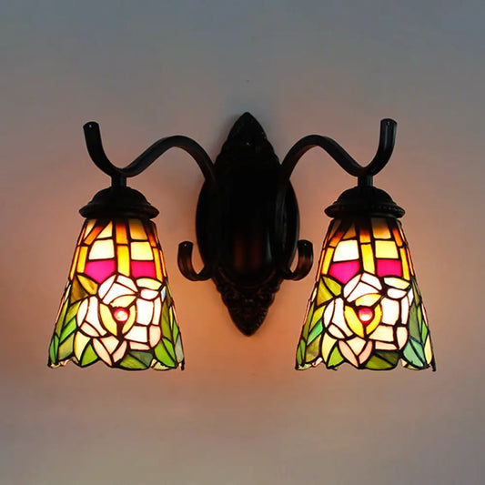 Victorian Style Floral Wall Mount Sconce Light Fixture with Stained Glass, 2 Heads - Black