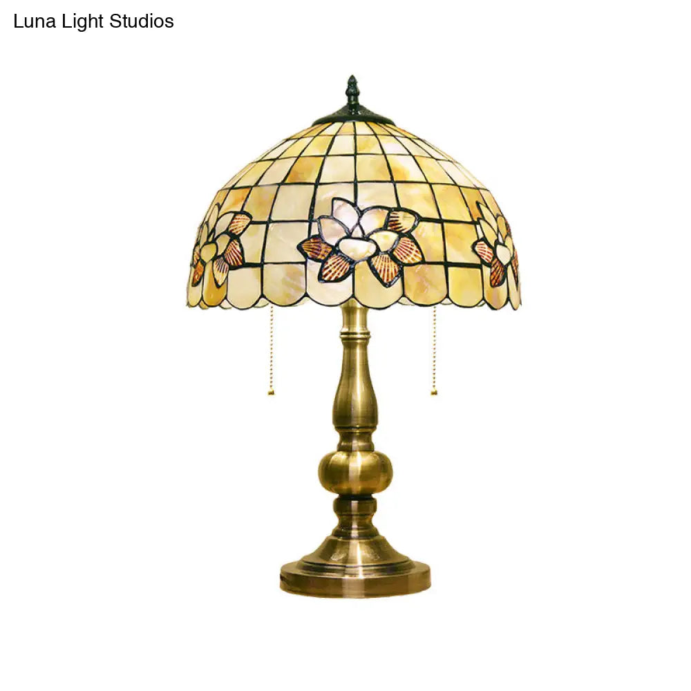 Victorian Style Lotus Blossom Table Lamp - Gridded & 2-Light Shell Design w/ Pull Chain - Brushed Brass Finish