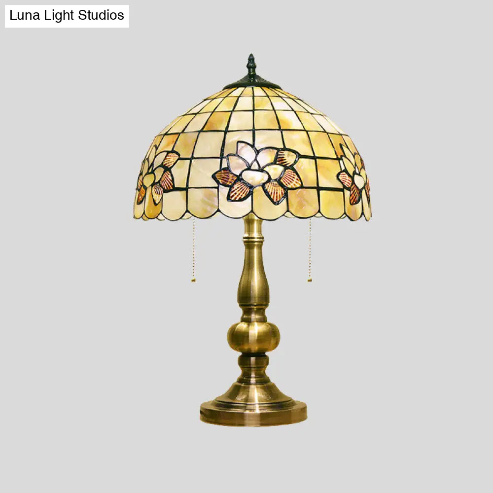 Victorian Style Lotus Blossom Table Lamp - Gridded & 2-Light Shell Design w/ Pull Chain - Brushed Brass Finish