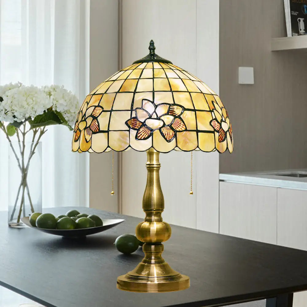 Victorian Style Lotus Blossom Table Lamp - Gridded & 2-Light Shell Design w/ Pull Chain - Brushed Brass Finish