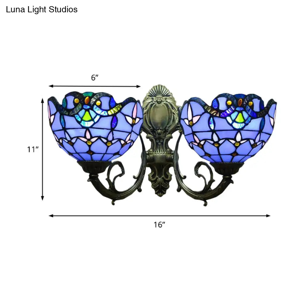 Victorian Style Stained Glass Bowl Wall Lighting - Antique Bronze, 2-Head Indoor Wall Mount Light