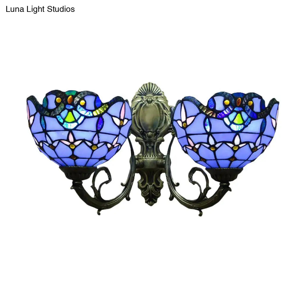 Victorian Style Stained Glass Bowl Wall Lighting - Antique Bronze, 2-Head Indoor Wall Mount Light