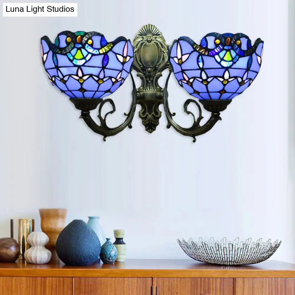 Victorian Style Stained Glass Bowl Wall Lighting - Antique Bronze, 2-Head Indoor Wall Mount Light