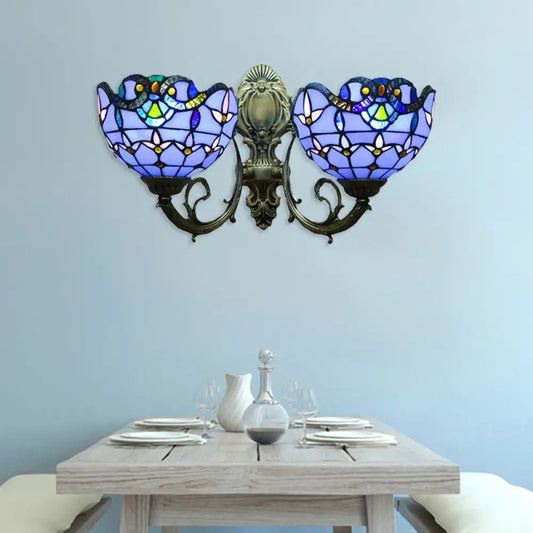 Victorian Style Stained Glass Bowl Wall Lighting - Antique Bronze, 2-Head Indoor Wall Mount Light