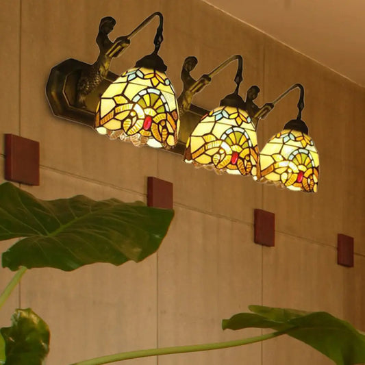 Victorian Style Stained Glass Dome Wall Sconce Lamp with Curved/Mermaid Decoration - 3 Lights, Black