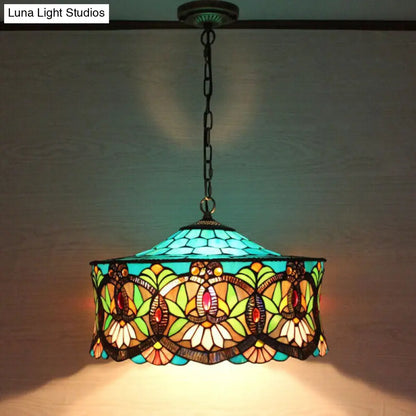 Victorian-Style Stained Glass Drum Pendant Light for Living Room - 18" W