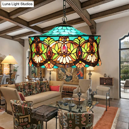 Victorian-Style Stained Glass Drum Pendant Light for Living Room - 18" W