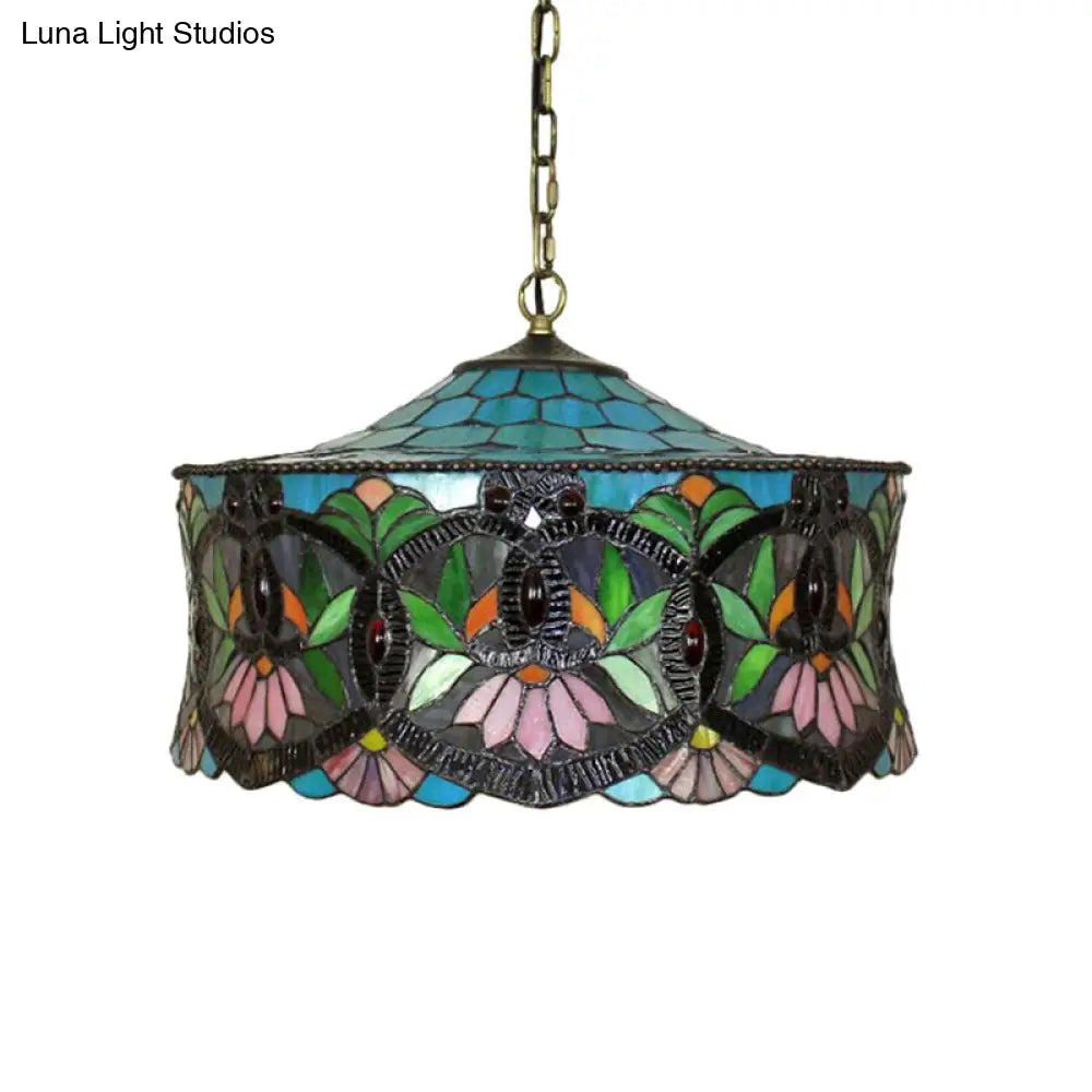 Victorian-Style Stained Glass Drum Pendant Light for Living Room - 18" W