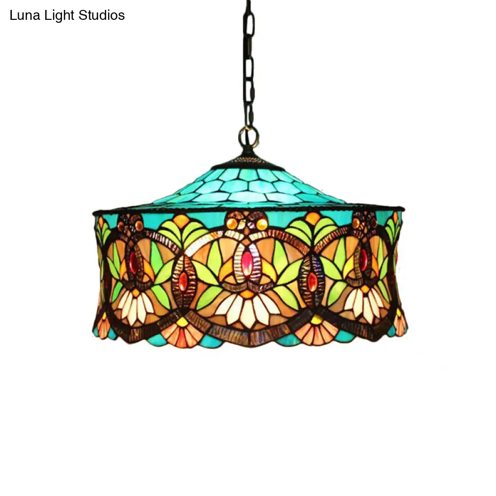 Victorian-Style Stained Glass Drum Pendant Light for Living Room - 18" W