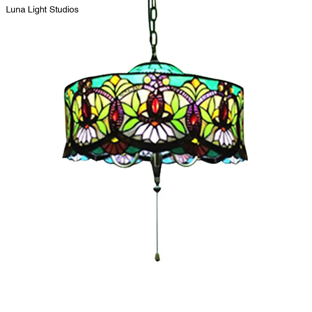 Victorian-Style Stained Glass Drum Pendant Light for Living Room - 18" W