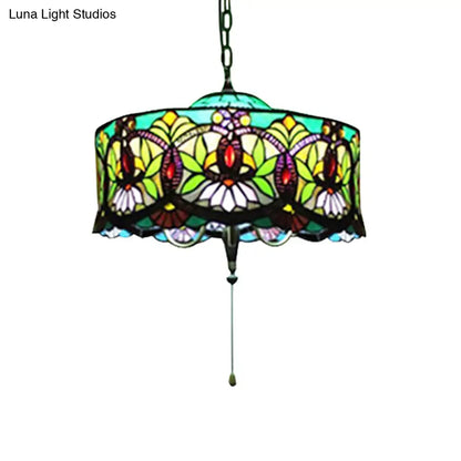 Victorian-Style Stained Glass Drum Pendant Light for Living Room - 18" W